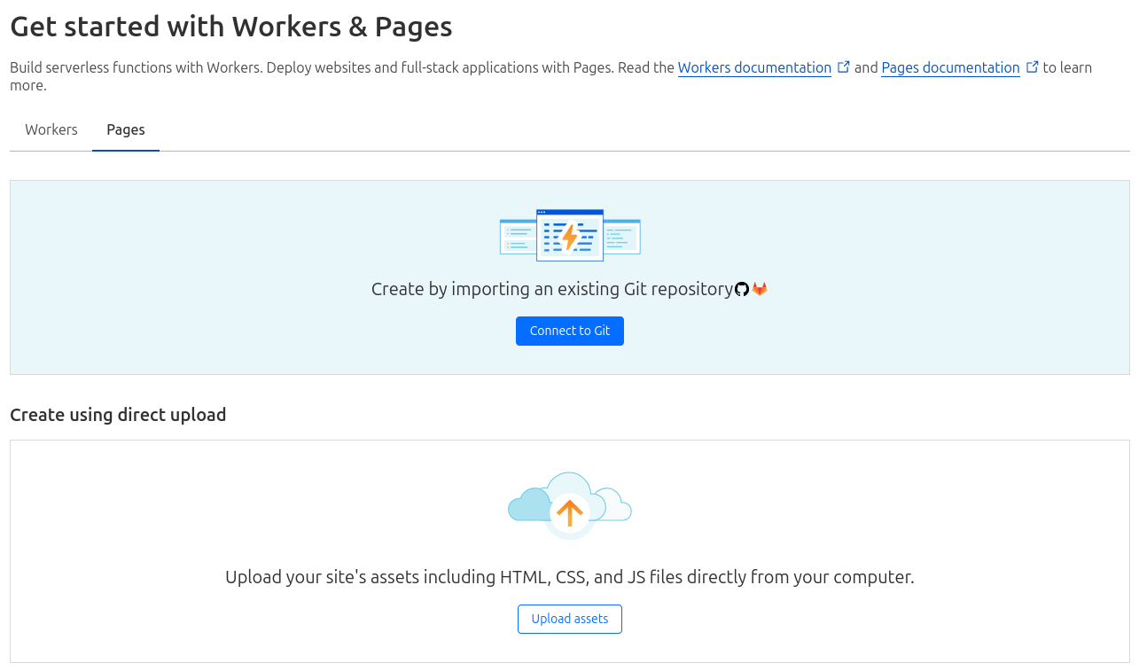 Cloudflare Pages get started screen