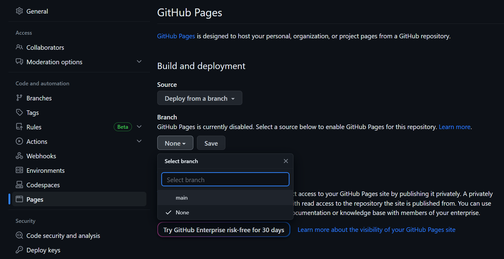 GitHub pages settings