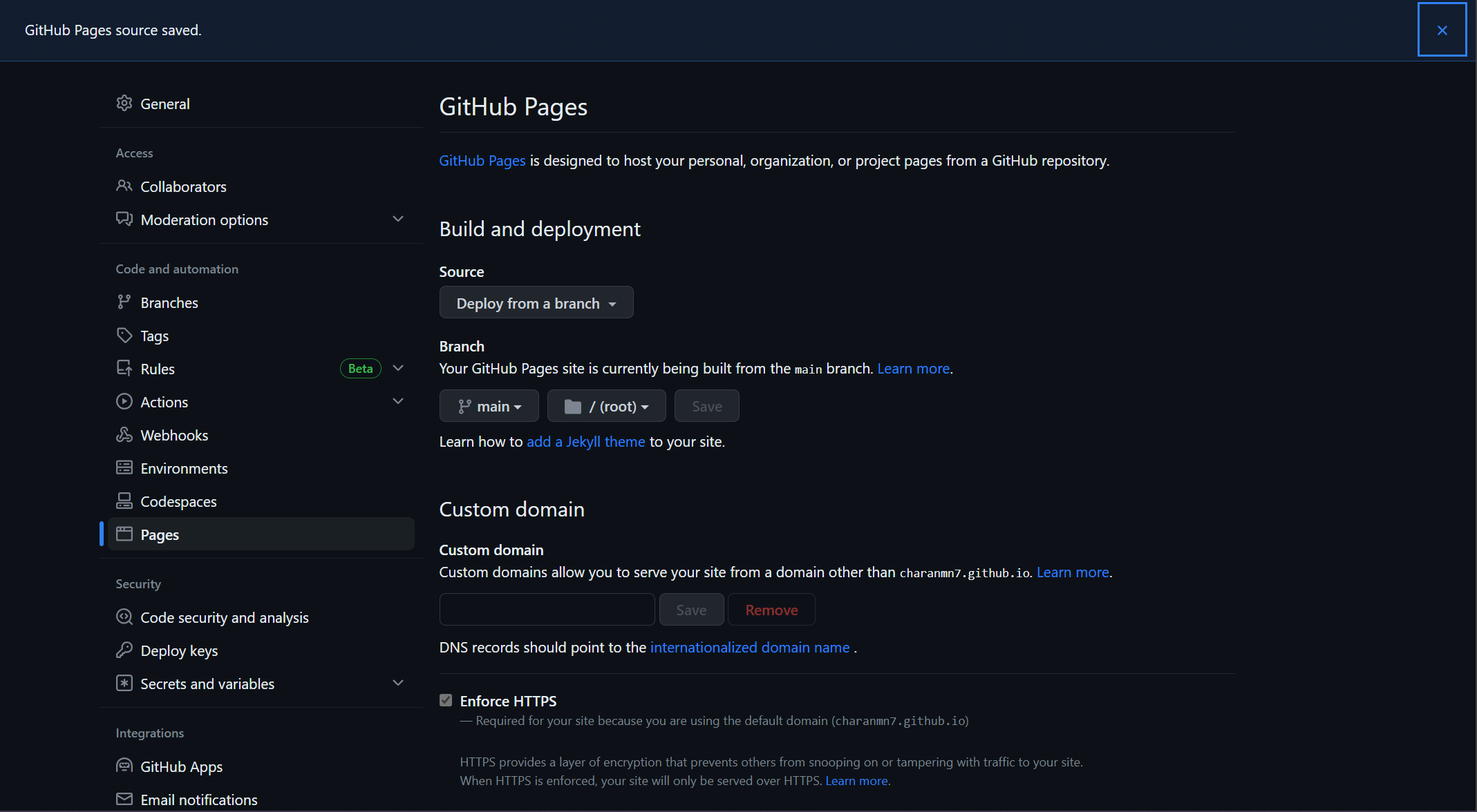 GitHub pages settings after saving the new source