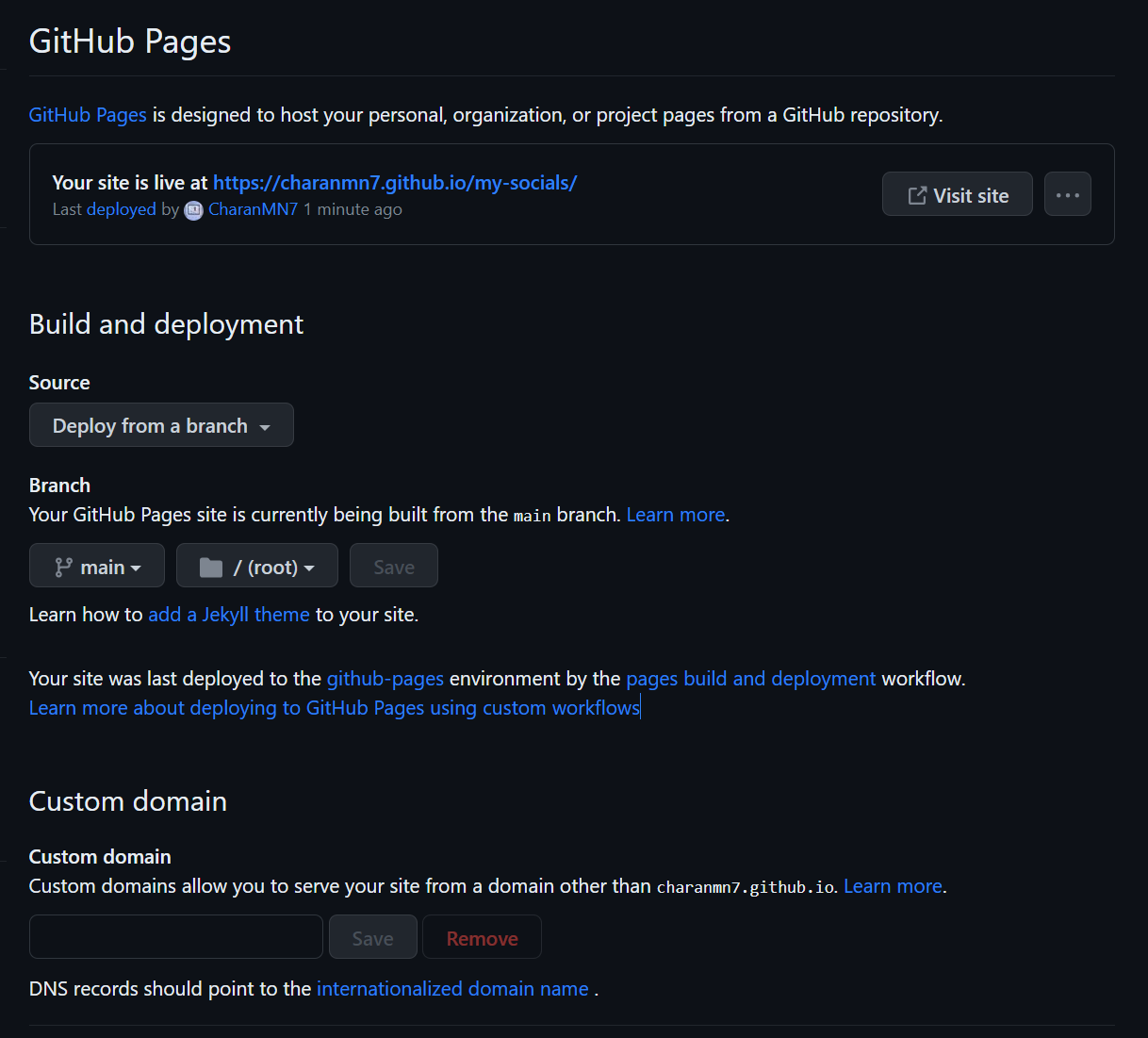 GitHub pages settings after successful deployment